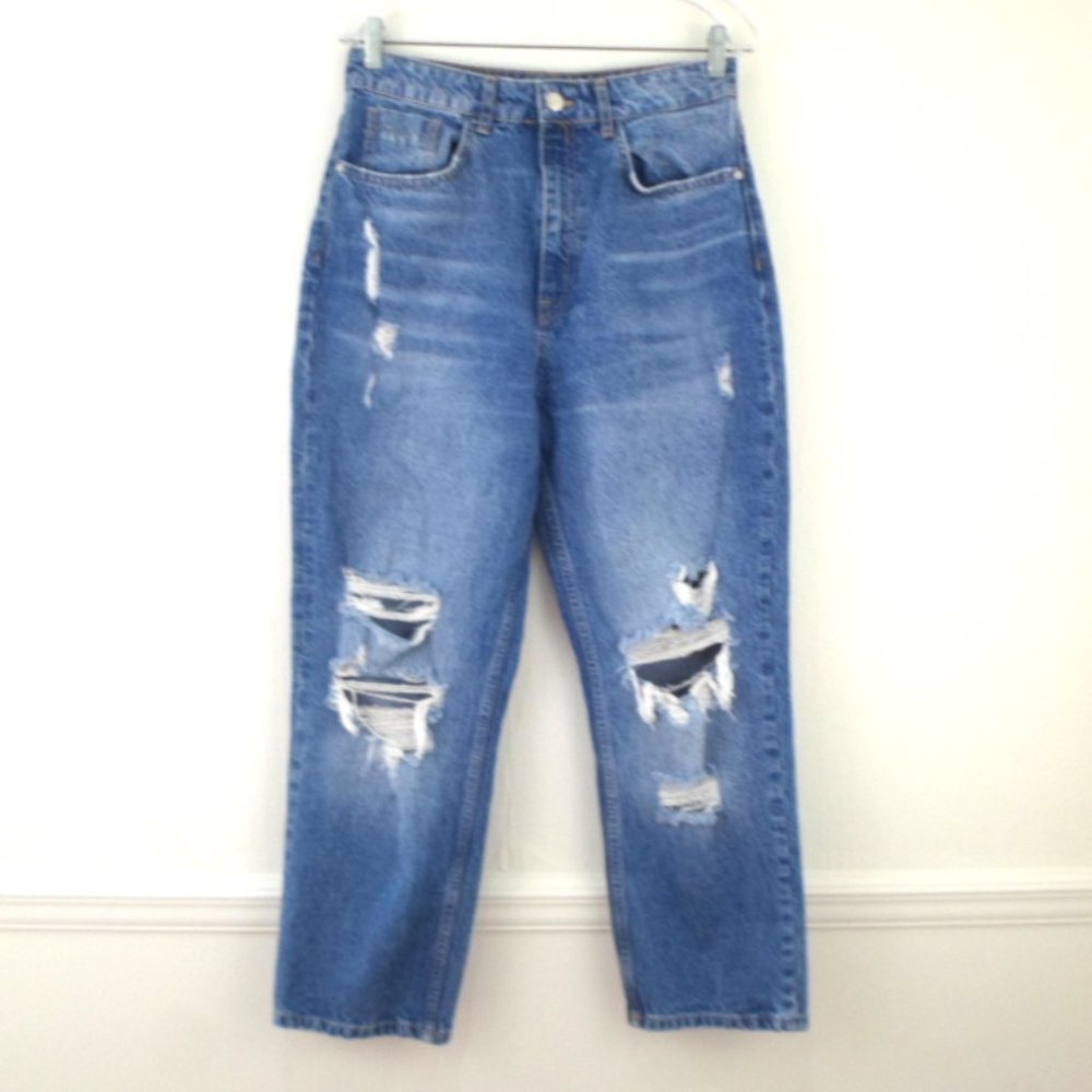 ZARA High Rise Distressed Straight Crop Medium Wash Blue Denim Jeans Womens 10